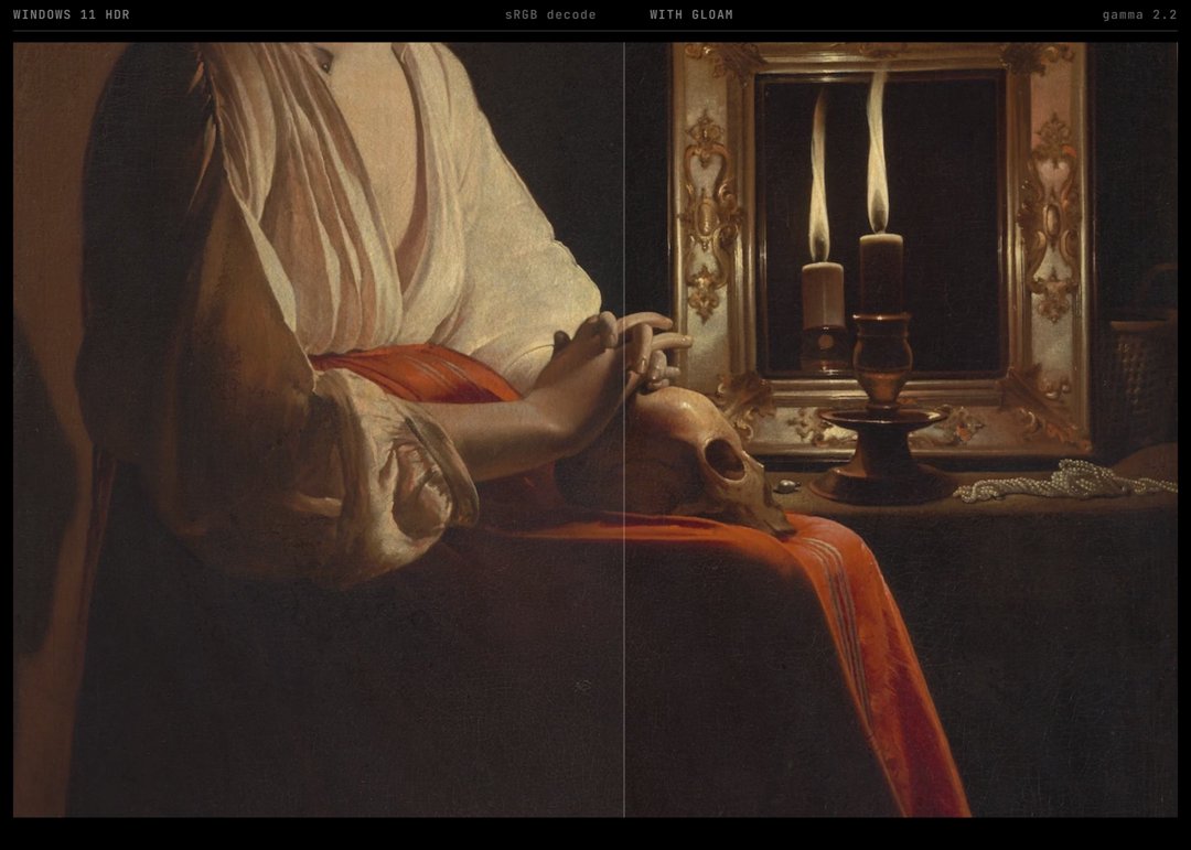 On the left, an SDR image as Windows 11 HDR decodes it with the sRGB curve. On the right, the same image through Gloam's gamma 2.2. Detail from Georges de La Tour, The Penitent Magdalen, ca. 1640. Metropolitan Museum of Art, Open Access (CC0).